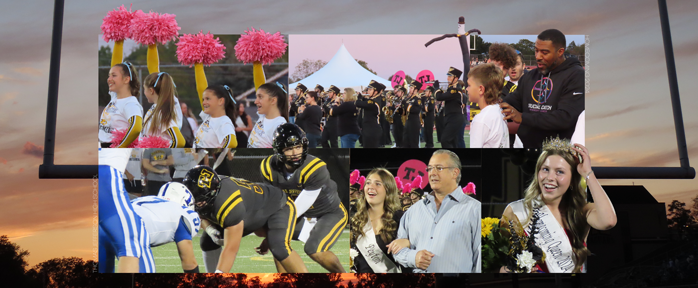 Scenes from the 2024 Thomas Jefferson High School Homecoming Game including cheerleaders, the band, football players, and the Homecoming Queen