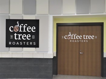 Exterior photo of the Coffee Tree Roasters doors and logo